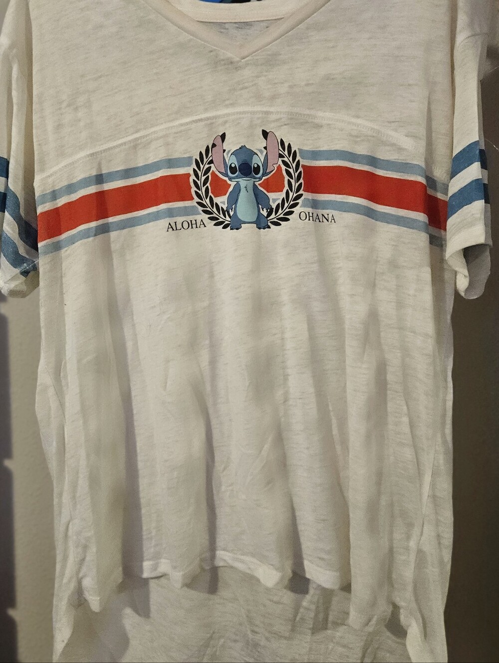 Disney White Tee with Blue and Red Stripe and Stitch Graphic